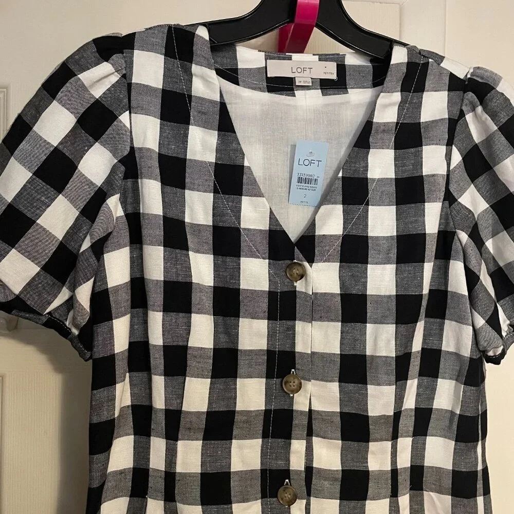 NWT LOFT Gingham Button V-Neck Dress Puff Short Sleeve Black White Size 2 Petite - Picture 5 of 8